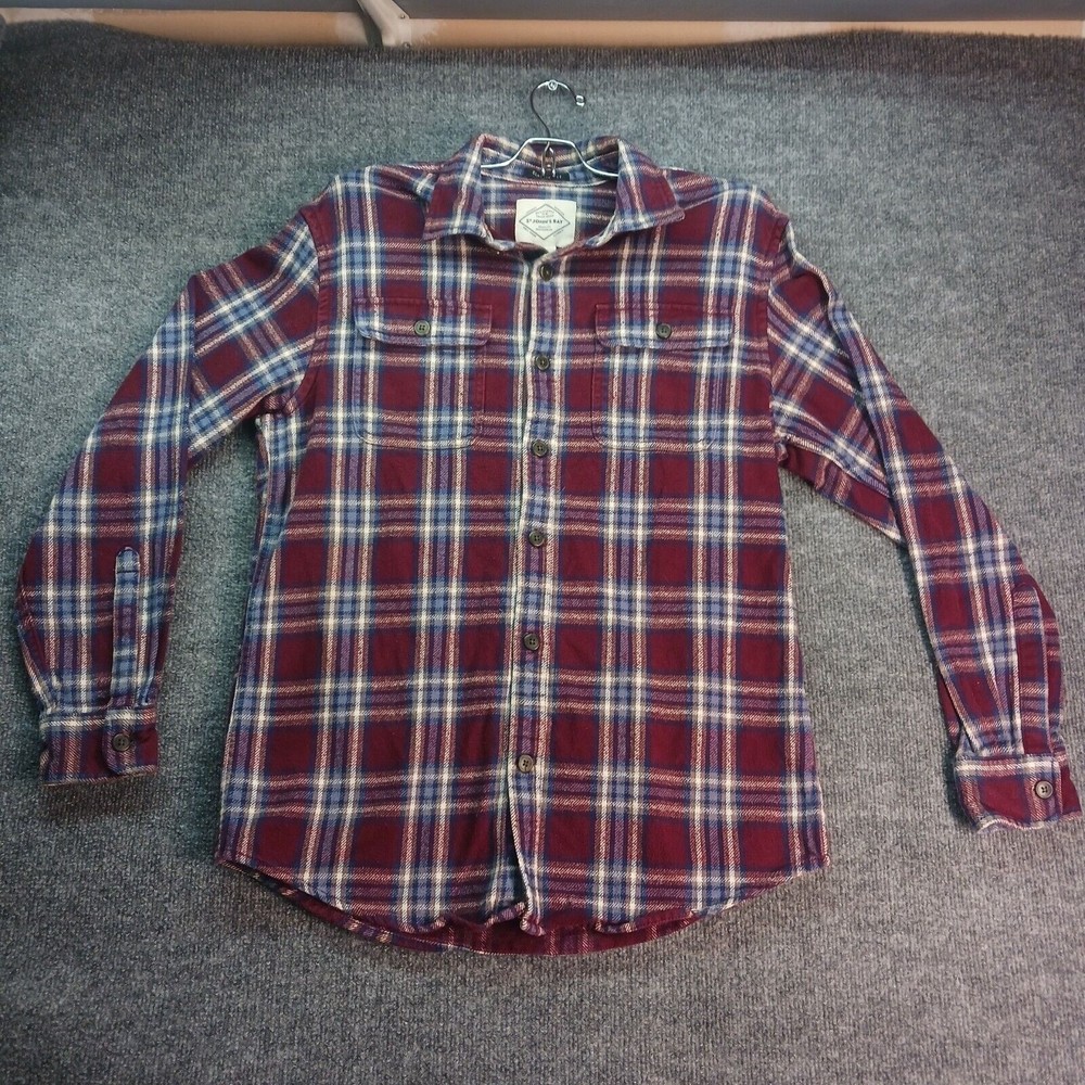 St Johns Bay Men Junior Button Up Heavy Plaid Flannel Shirt Pocket Size Med
